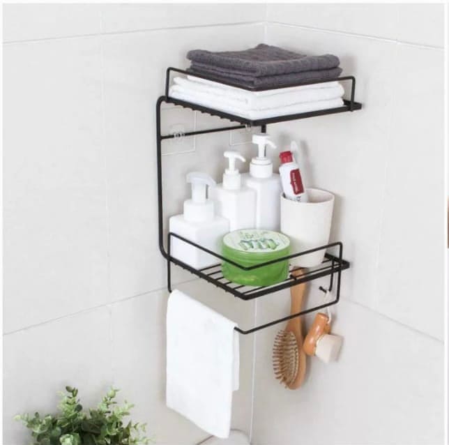 Double Layer Iron Wall Mounted Shelf For Kitchen Bathroom, Shower Shampoo Cosmetic Organizer Rack, Toilet Storage Shelves