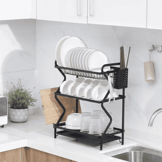 Metal Dish Drainer Holder, Dish Bowl Draining Storage Rack, Chopstick Cage with Drainboard for Kitchen Countertop, Bowls Plates Kitchenware Dish Drying Shelf Organizer