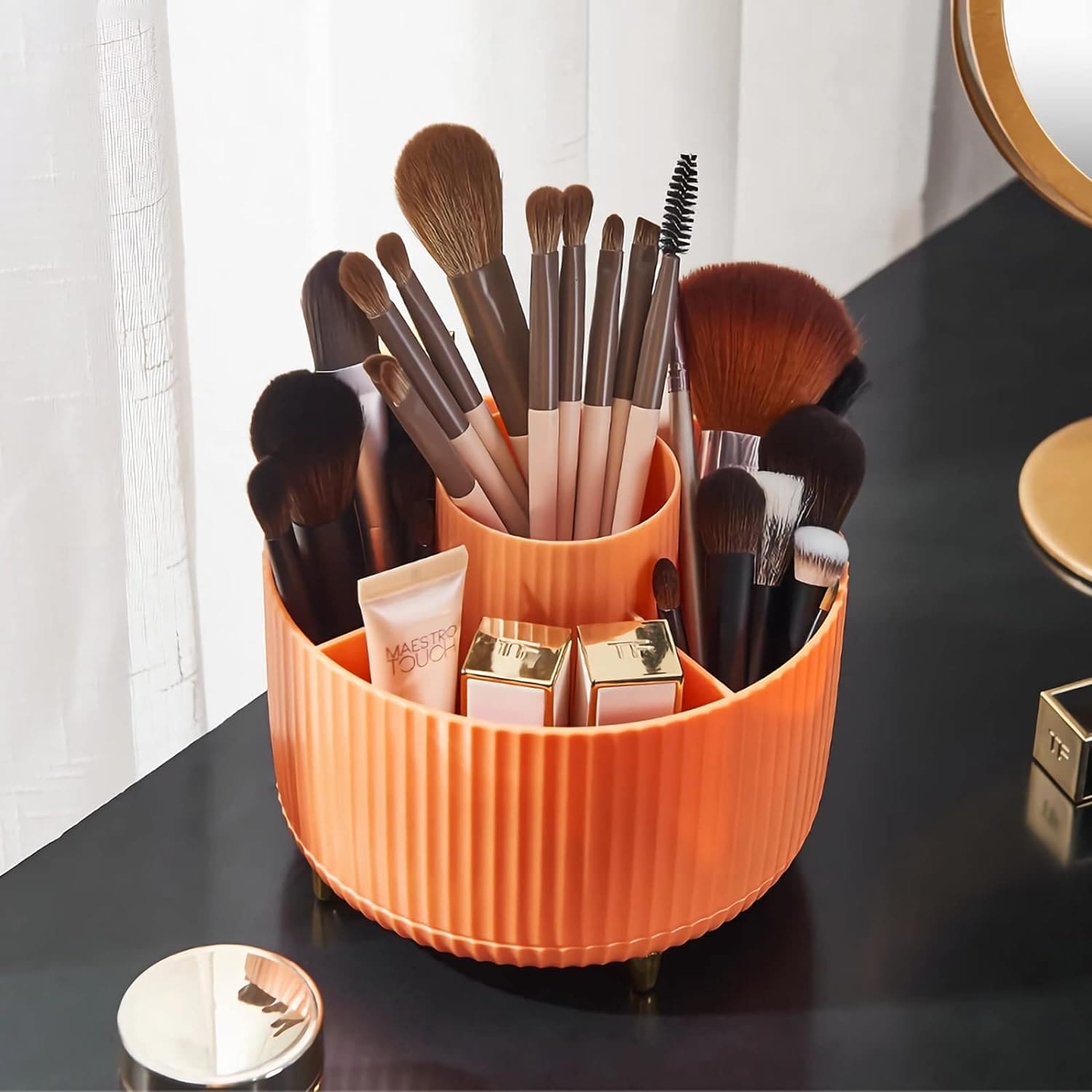 Versatile Desk Organizer, Multi Compartment Storage Box, 360°Rotating Desktop Makeup Brushes Organizer.