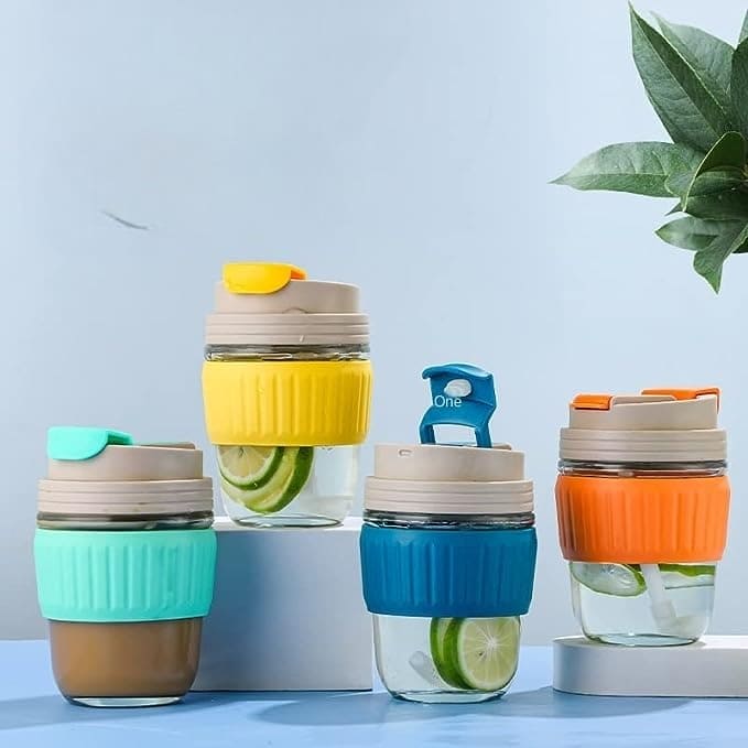 Modern Travel Mug, 350ml Double Drinking Glass,  Lovely Glass Straw Cup, Portable Accompanying Coffee Cup, Couple Silicone Anti Scalding Water Cup