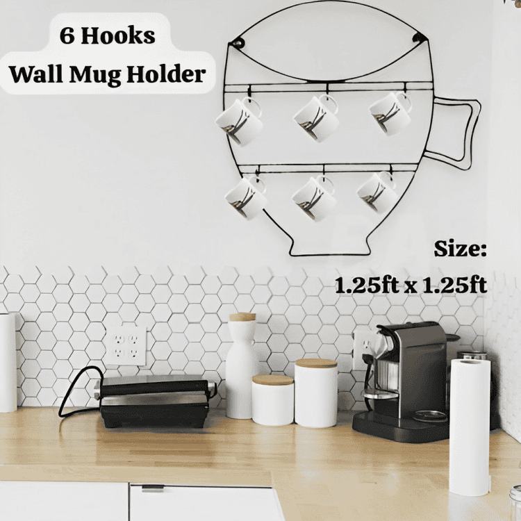 Cup Shape Cup Holder, Wall 6 Hooks Cup Holder, Free Coffee Cups Holder, Wire Cup Hanger Wall Shelf, Wall Mounted Storage Display Organizer Hooks
