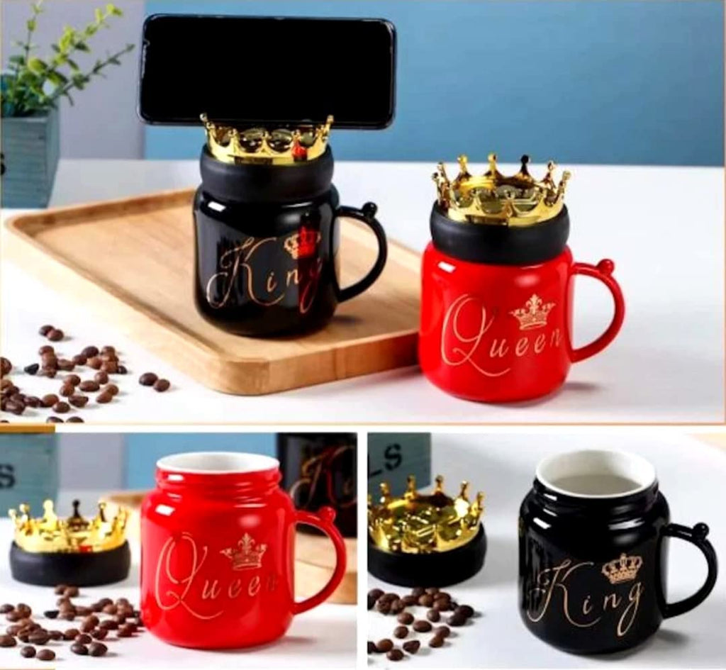 Gold Crown Mug Set, King Queen Ceramic Mug, Royal Coffee Tea  Cups with Lid