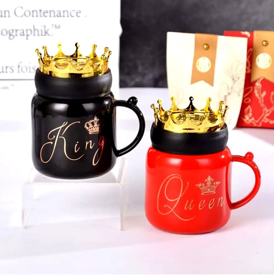 Gold Crown Mug Set, King Queen Ceramic Mug, Royal Coffee Tea  Cups with Lid