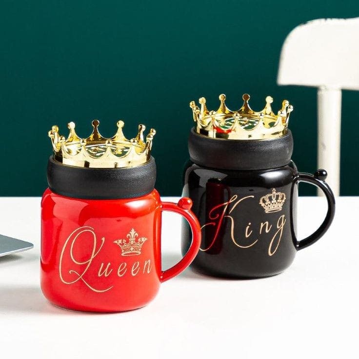 Gold Crown Mug Set, King Queen Ceramic Mug, Royal Coffee Tea  Cups with Lid