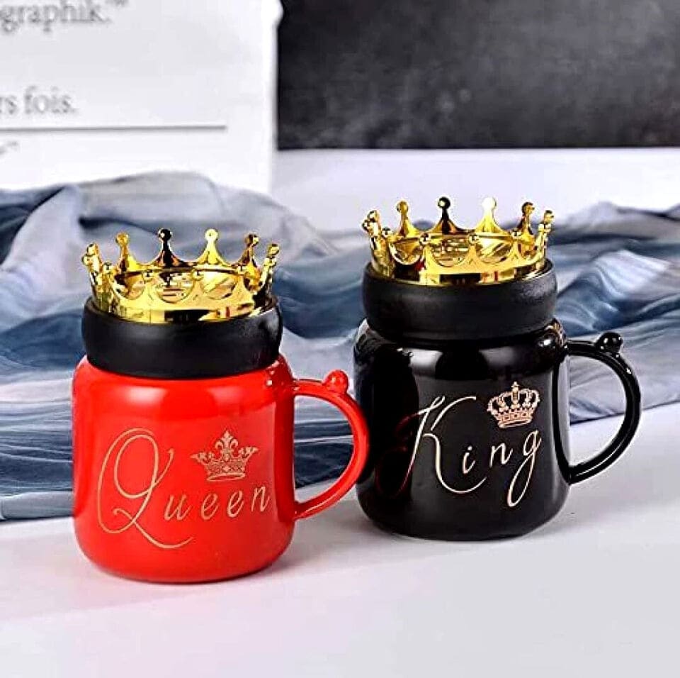 Gold Crown Mug Set, King Queen Ceramic Mug, Royal Coffee Tea  Cups with Lid