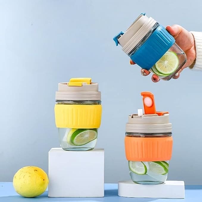 Modern Travel Mug, 350ml Double Drinking Glass,  Lovely Glass Straw Cup, Portable Accompanying Coffee Cup, Couple Silicone Anti Scalding Water Cup