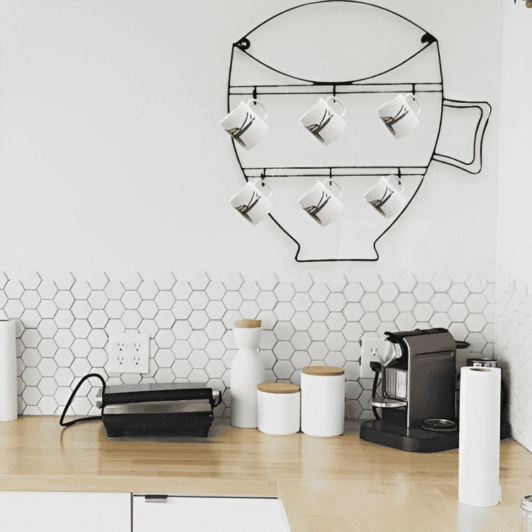 Cup Shape Cup Holder, Wall 6 Hooks Cup Holder, Free Coffee Cups Holder, Wire Cup Hanger Wall Shelf, Wall Mounted Storage Display Organizer Hooks