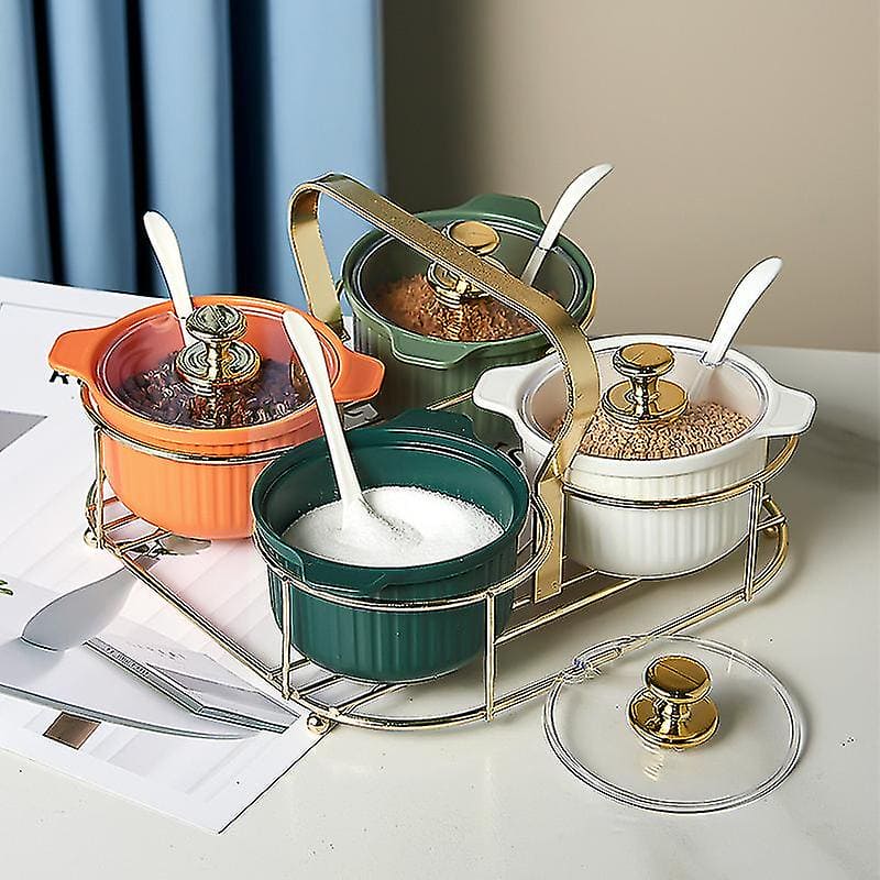 Set of 4 Acrylic Spice Jar Set With Metal Stand, Multifunctional Condiment Box, Household Seasoning Storage Box, Spice Container Kitchen Gadgets, Iron Bracket Spice Organizer With Lid And Spoon
