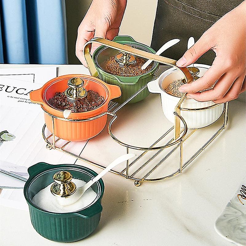 Set of 4 Acrylic Spice Jar Set With Metal Stand, Multifunctional Condiment Box, Household Seasoning Storage Box, Spice Container Kitchen Gadgets, Iron Bracket Spice Organizer With Lid And Spoon