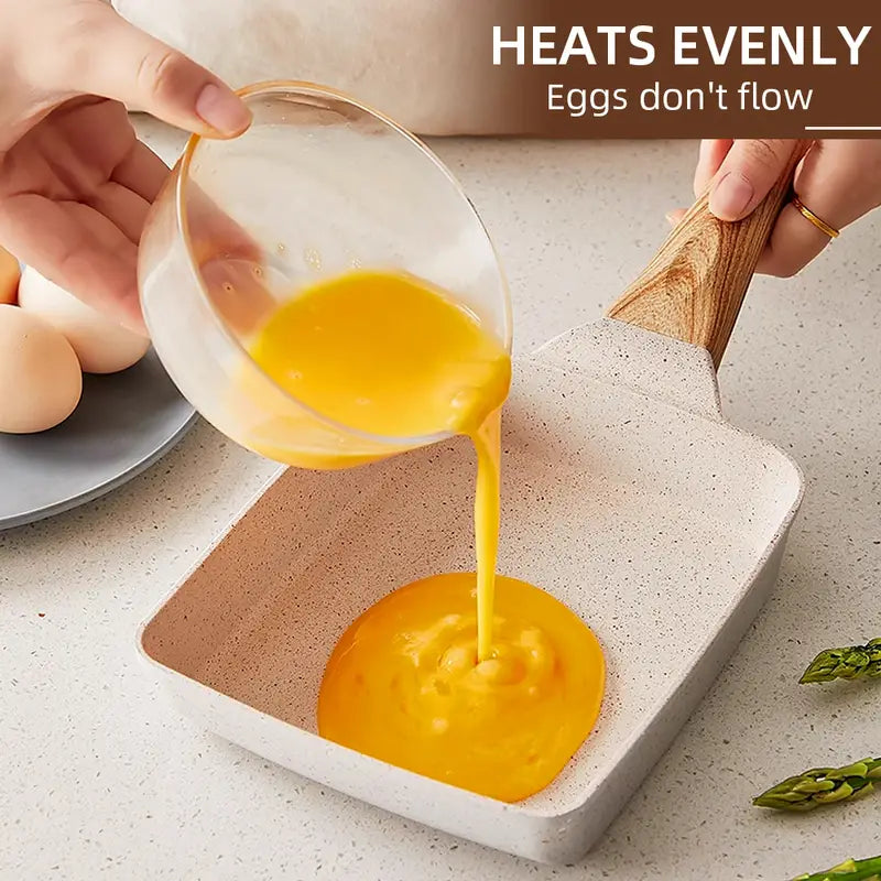 Square Ceramic Frying Pan, Durable Stone Frying Pan, Wooden Handle Square Frying Pan, Omelette Non Stick Fry Egg Kitchen Breakfast Maker, Square Thick Frying Tool, Anti Slip Tamagoyaki Pan, Square Egg Pan, Daily Cookware Gadget, Home Kitchen Items