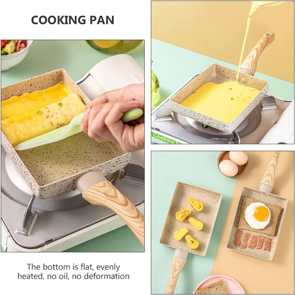 Square Ceramic Frying Pan, Durable Stone Frying Pan, Wooden Handle Square Frying Pan, Omelette Non Stick Fry Egg Kitchen Breakfast Maker, Square Thick Frying Tool, Anti Slip Tamagoyaki Pan, Square Egg Pan, Daily Cookware Gadget, Home Kitchen Items