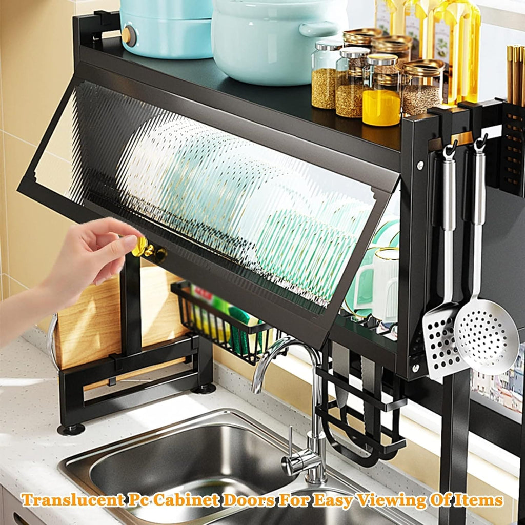 Multifunctional Flip Kitchen Dish Rack, Over Sink Countertop Kitchen Storage Shelf, Metal Cabinet Door Crockery Shelf, Expandable Sink Drainer Drying Rack with Door, Telescoping Dish Storage Rack