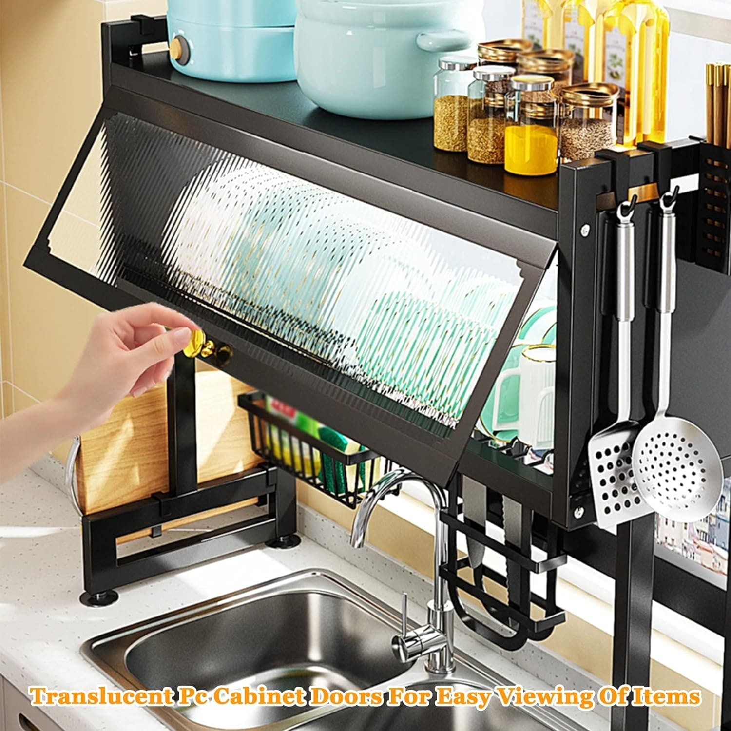 Multifunctional Flip Kitchen Dish Rack, Over Sink Countertop Kitchen Storage Shelf, Metal Cabinet Door Crockery Shelf, Expandable Sink Drainer Drying Rack with Door, Telescoping Dish Storage Rack