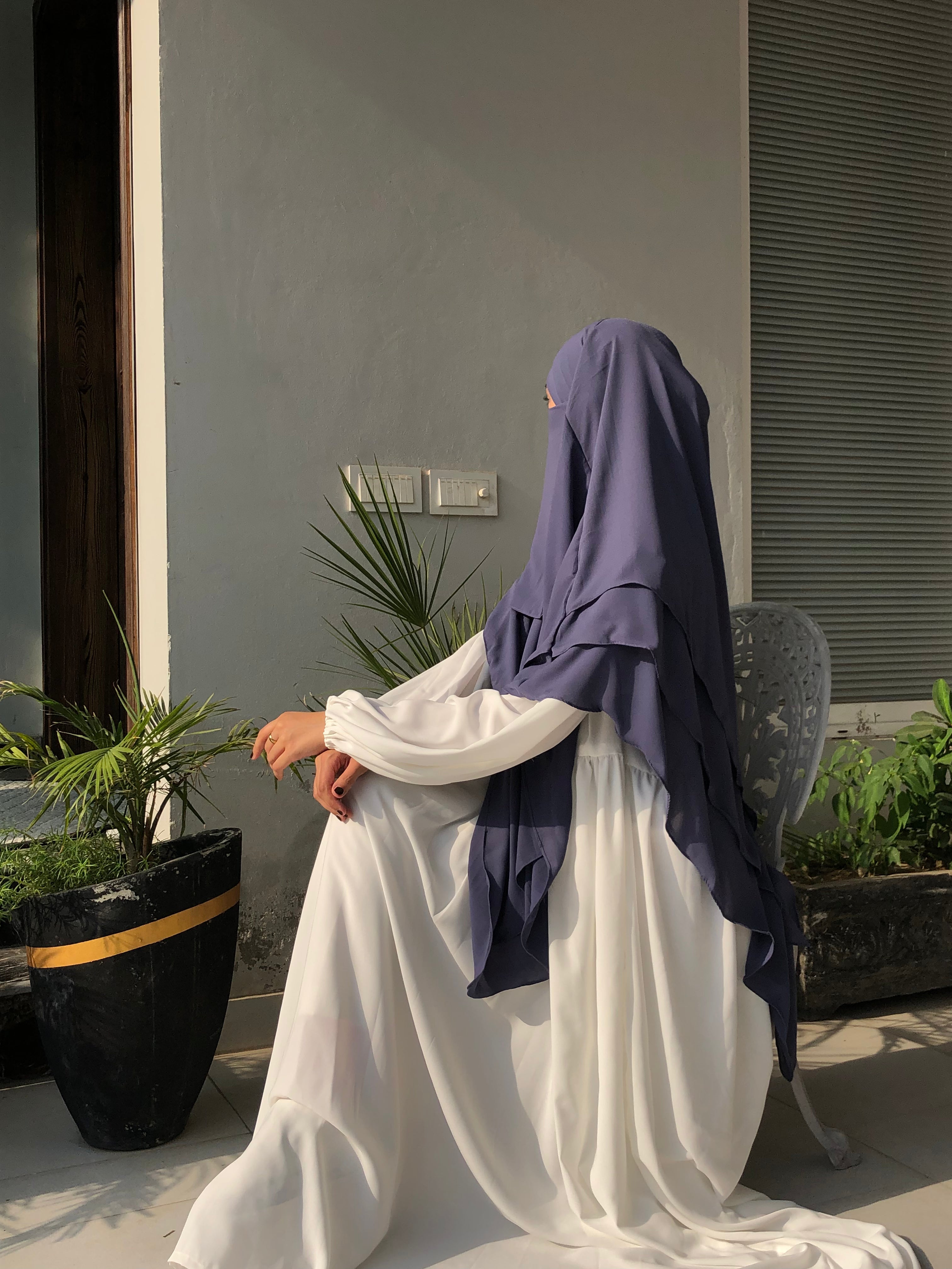 Greyish Blue Triple Layer Long Khimar And Abaya