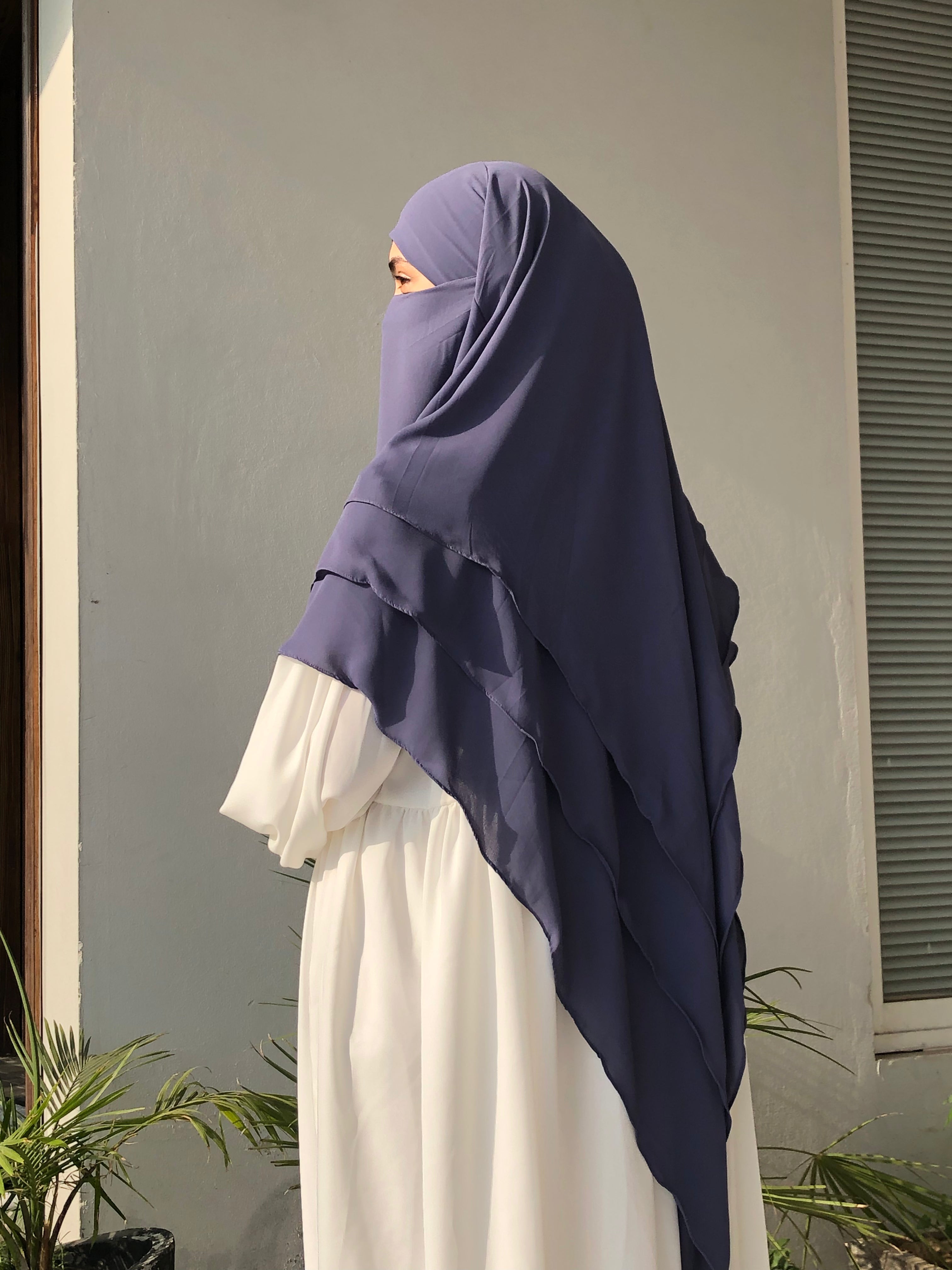 Greyish Blue Triple Layer Long Khimar And Abaya