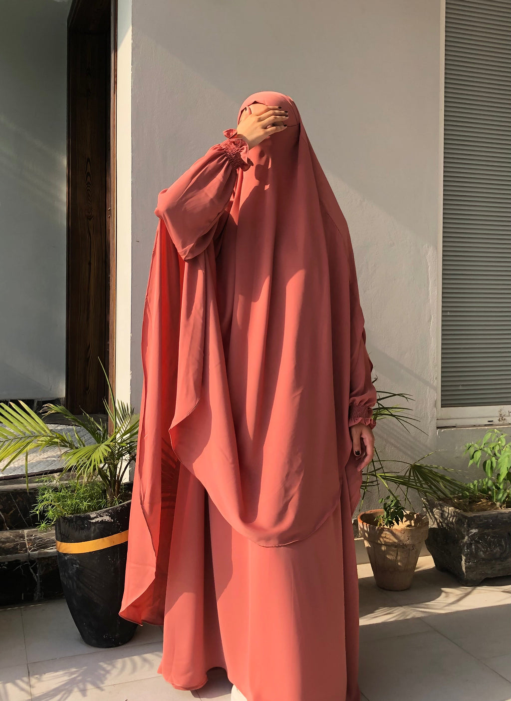 Peachy Pink Khimar And Abaya Set