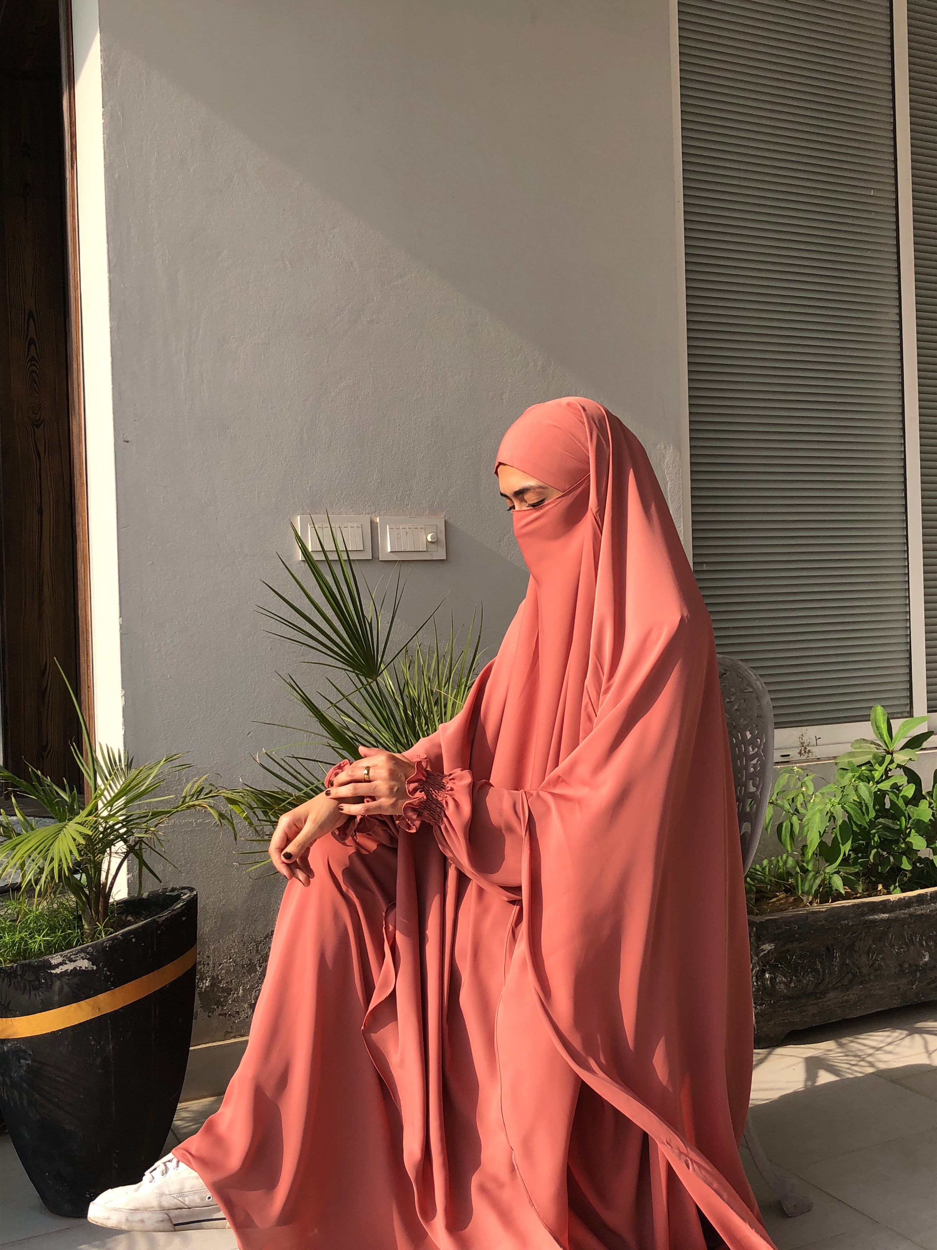 Peachy Pink Khimar And Abaya Set