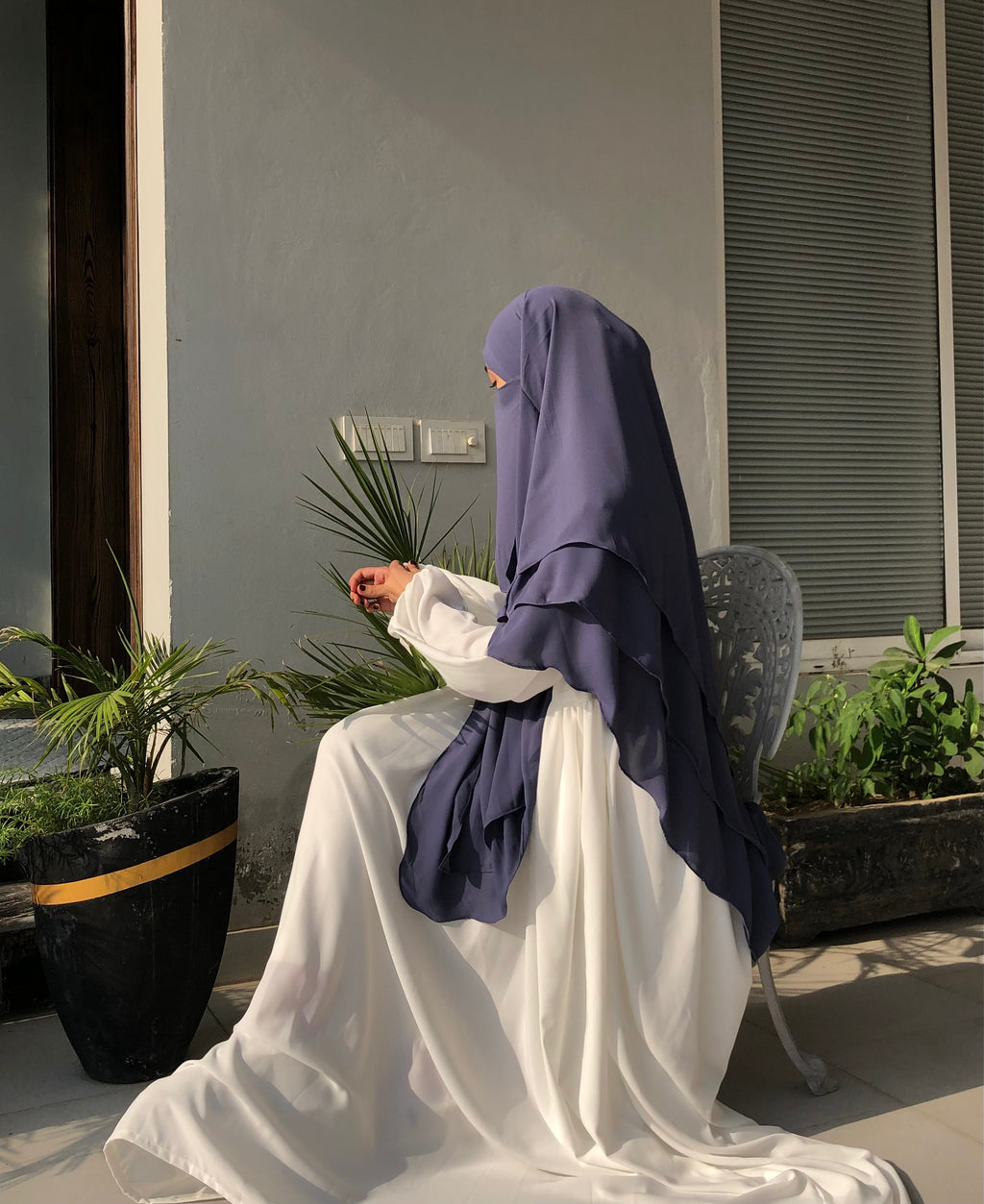 Greyish Blue Triple Layer Long Khimar And Abaya