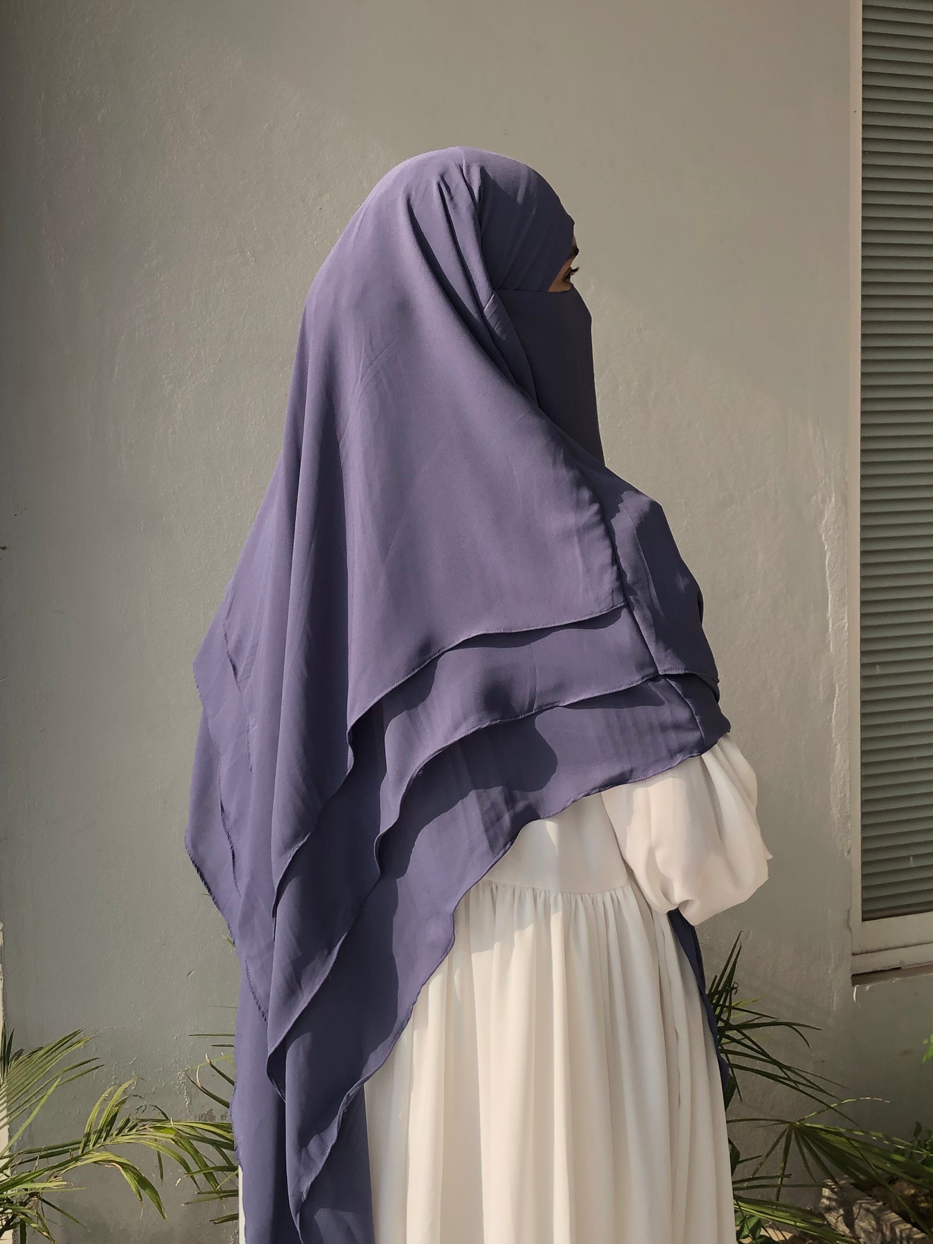 Greyish Blue Triple Layer Long Khimar And Abaya