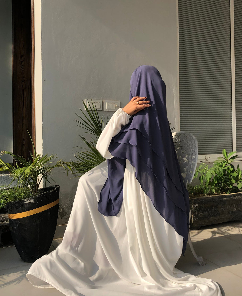 Greyish Blue Triple Layer Long Khimar And Abaya