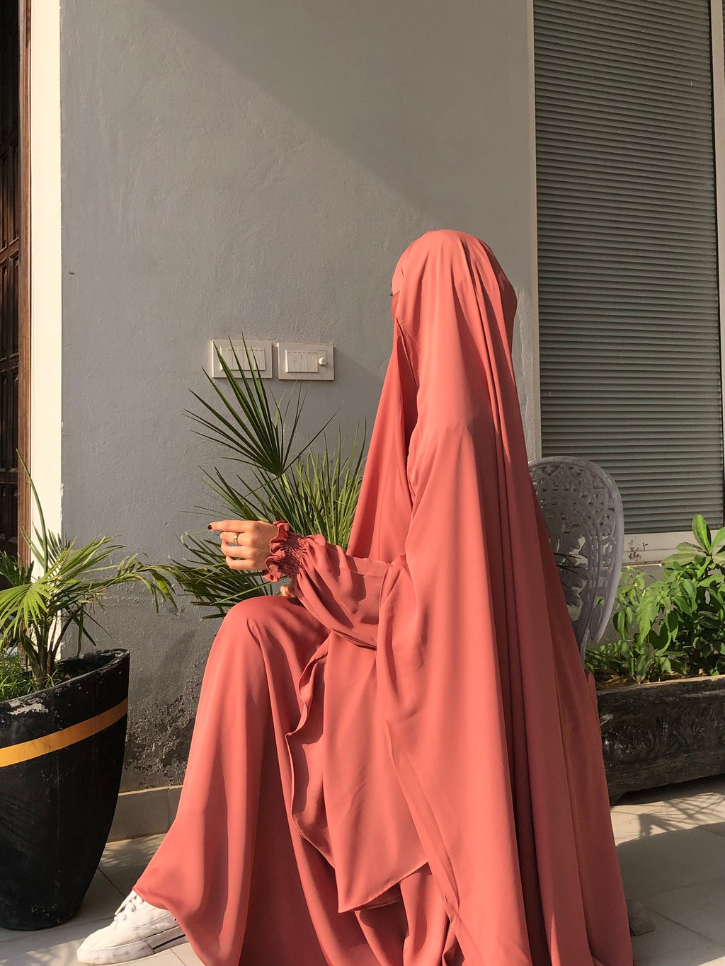 Peachy Pink Khimar And Abaya Set