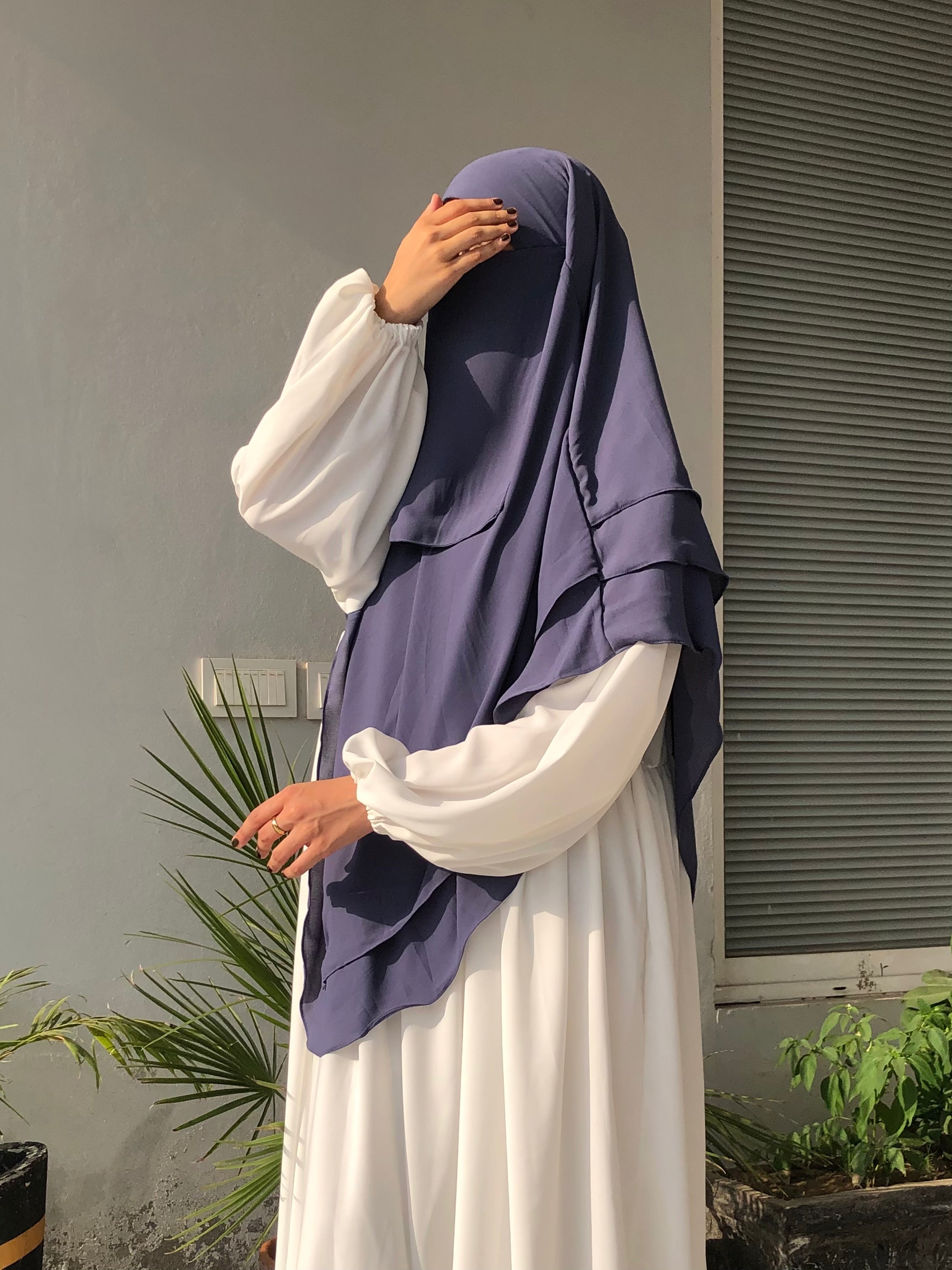 Greyish Blue Triple Layer Long Khimar And Abaya