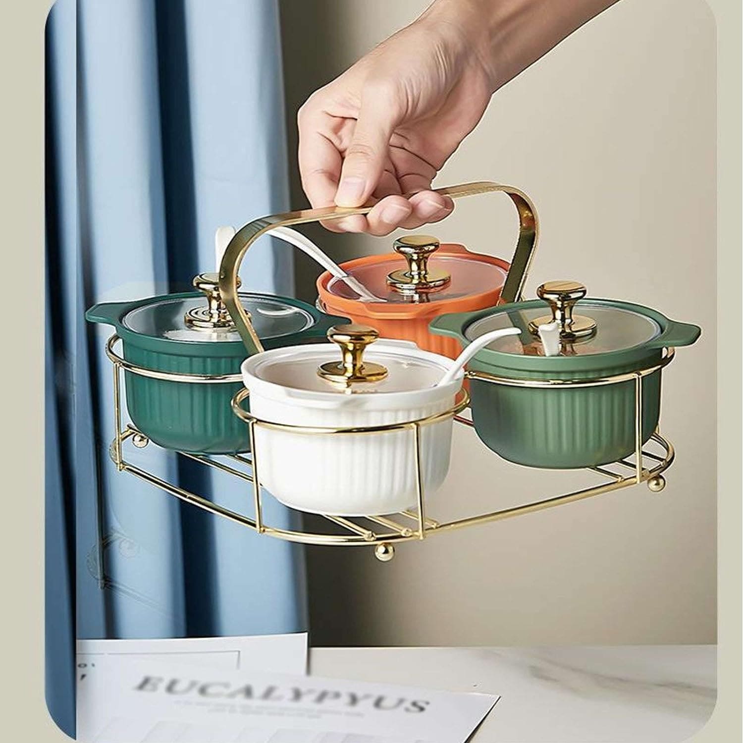 Set of 4 Acrylic Spice Jar Set With Metal Stand, Multifunctional Condiment Box, Household Seasoning Storage Box, Spice Container Kitchen Gadgets, Iron Bracket Spice Organizer With Lid And Spoon