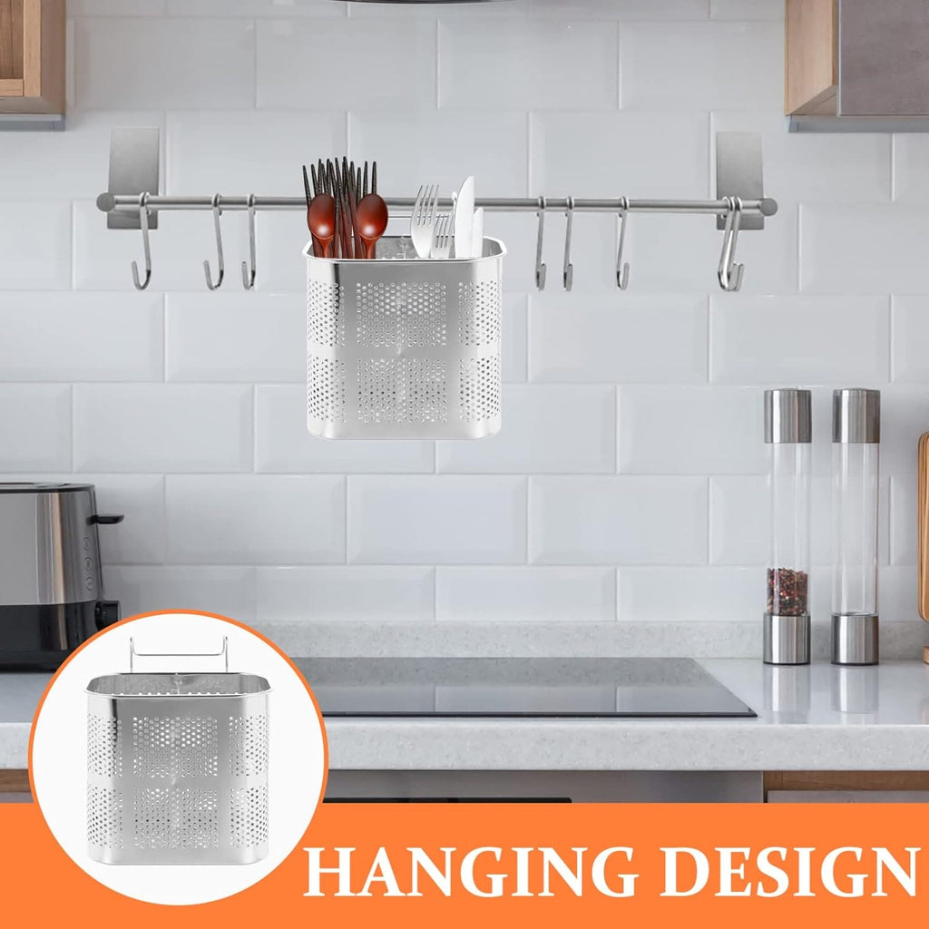 Stainless Steel Utensil Holder, Kitchen Wall Hanging Steel Cutlery Holder Organizer Rack, Multifunctional Chopstick Basket, Silverware Caddy Cutlery Rack, Drying Rack Basket Holder with Hooks
