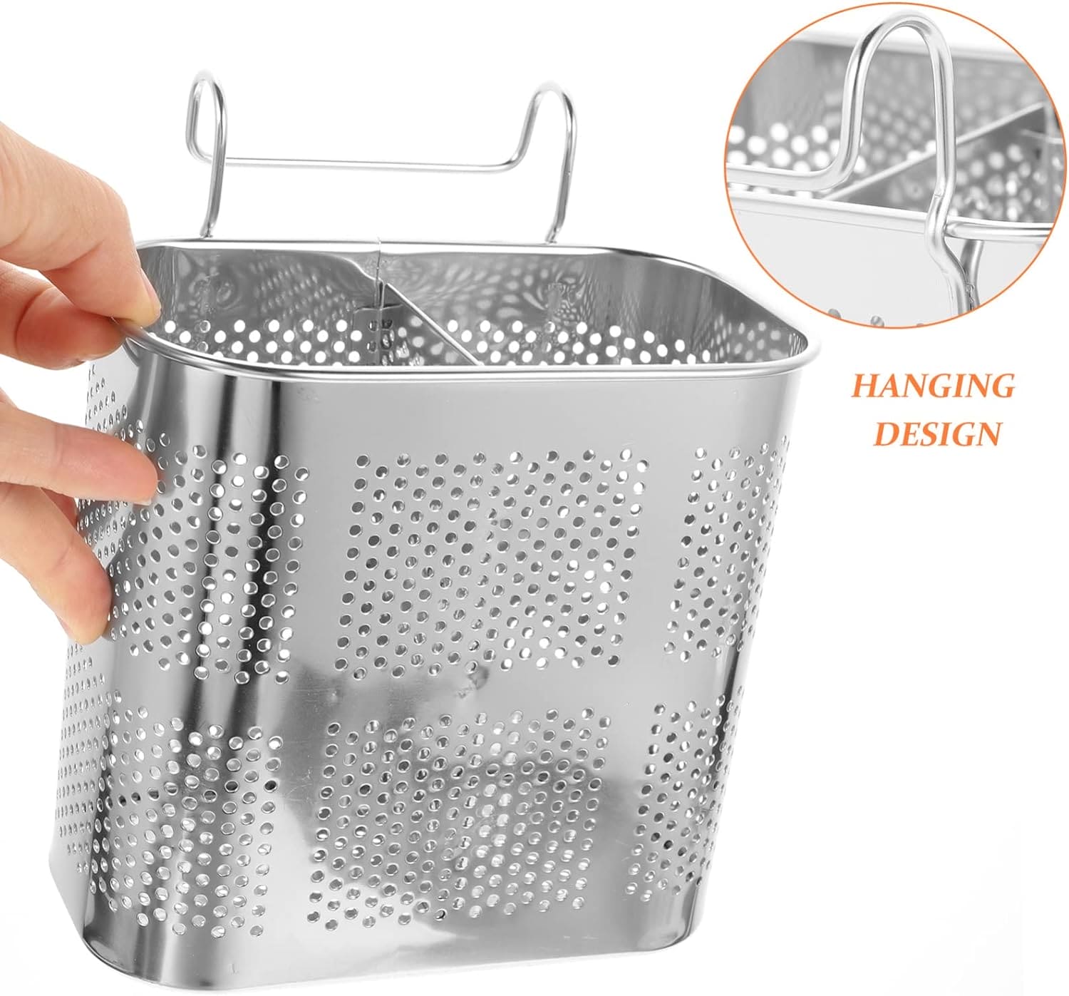 Stainless Steel Utensil Holder, Kitchen Wall Hanging Steel Cutlery Holder Organizer Rack, Multifunctional Chopstick Basket, Silverware Caddy Cutlery Rack, Drying Rack Basket Holder with Hooks
