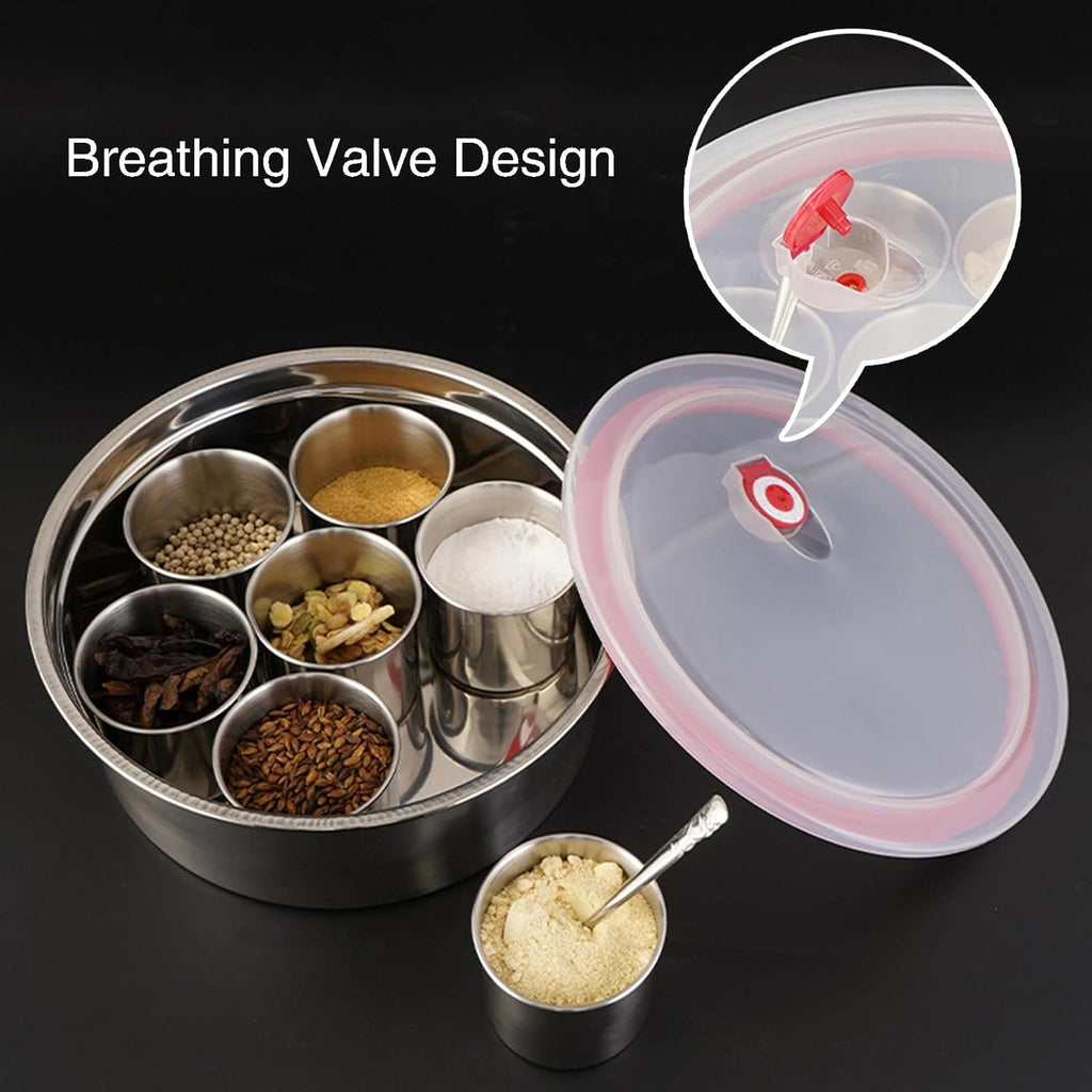 7 Grid Steel Spice Box With Spoon, Kitchen Household Masala Dabba, Stainless Steel Seasoning Box, Round Spice Jar with Transparent Lid, Multifunctional And Elegant Spice Box
