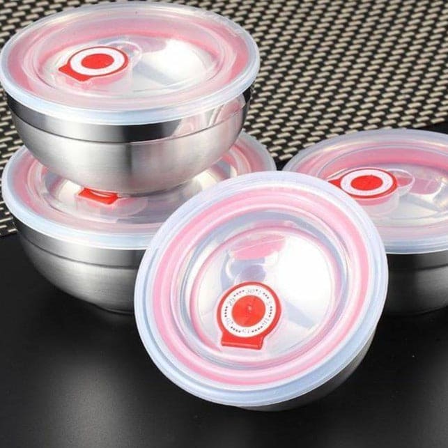 Set Of 3 Steel Fresh Bowl, Mixing Crisper Food Container Bowls, Stackable Portable Cooking Nesting Storage Bowls, Kitchen Rust-proof Food Storage Prep Bowl, Multifunctional Sealed Fresh Cooking Bowl