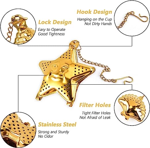 Star Tea Mesh Infuser, Stainless Steel Tea Strainer, Reusable Tea Filter With Chain Hook, Spice, Herb, Tea Seasoning Filter, Large Capacity Tea Infuser for Kitchen Bar Restaurant, Spice Filter Drinkware Gadget Kitchen Tools Accessories