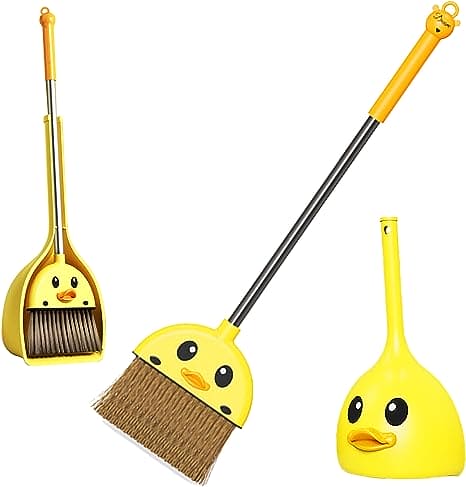 Yellow Duck Broom And Dustpan Set, Cartoon Toddler Broom Set, Plastic Standing for Little Housekeeping Helper, Cute Mini Broom with Dustpan, Kids Mini Sweeping Broom Set, Kids Play House Cleaning Toy, Multifunctional Broom And Shovel