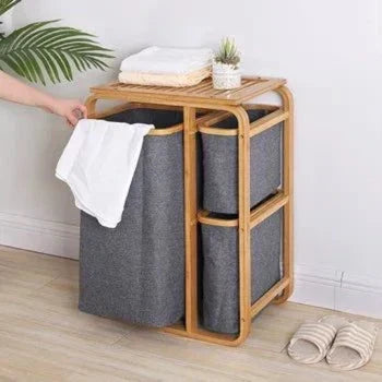 3 Grid Bamboo Laundry Basket - Grey